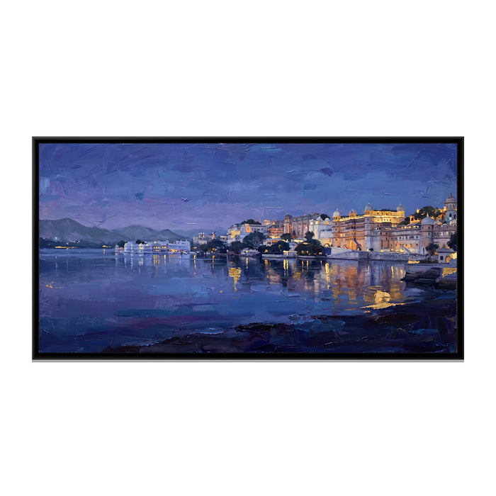 Lake Pichola at Blue Hour, canvas print in a floater frame on a plain white background