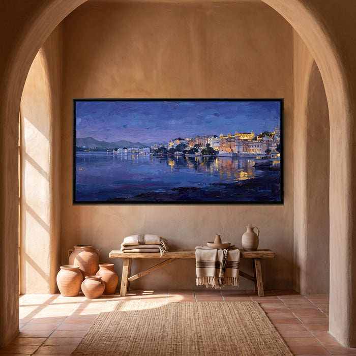 Lake Pichola at Blue Hour, canvas in a room