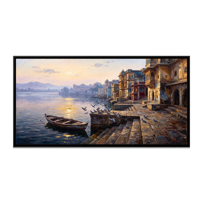 Gangaur Ghat at Dawn, canvas print in a floater frame on a plain white background