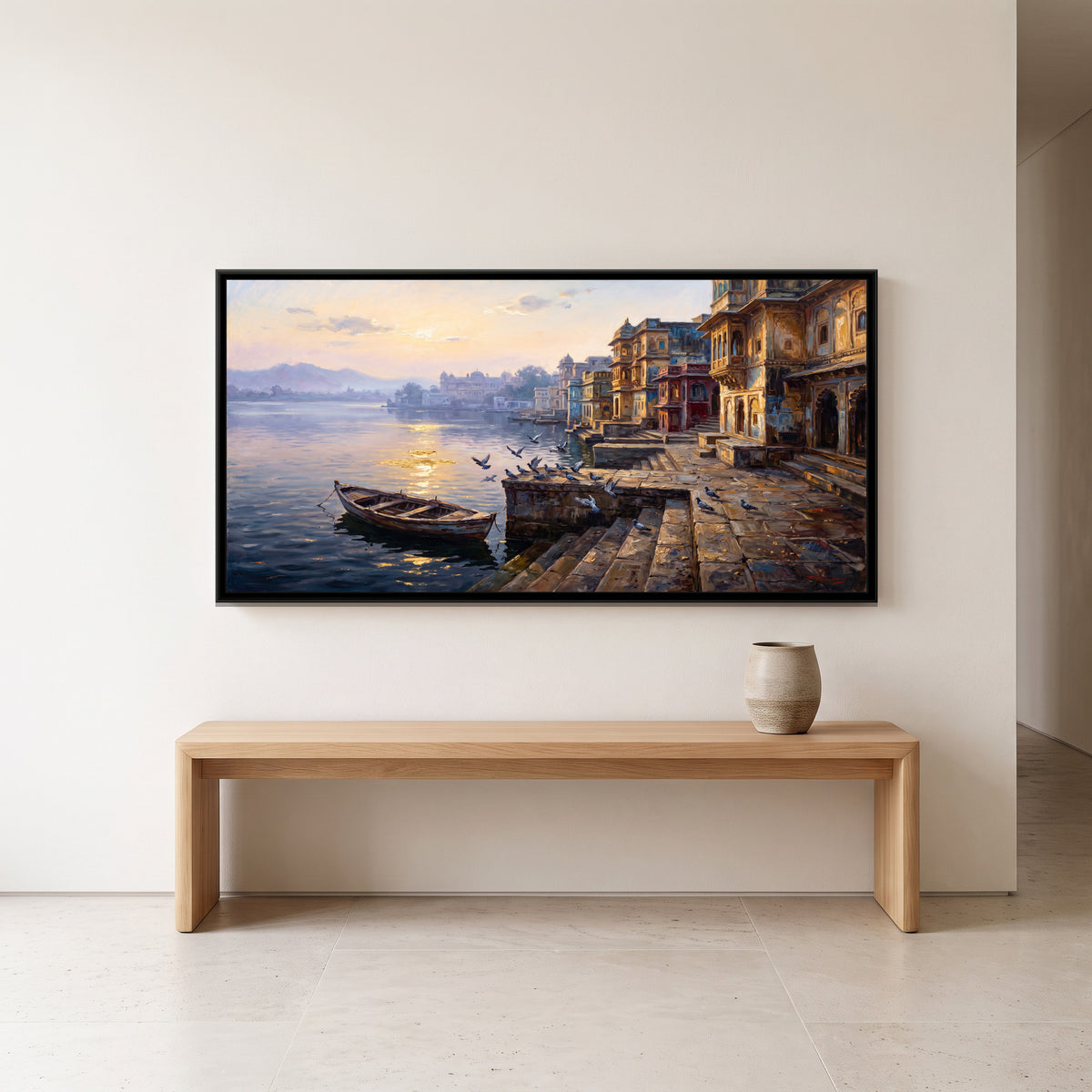 Gangaur Ghat at Dawn, canvas print shown in a second room