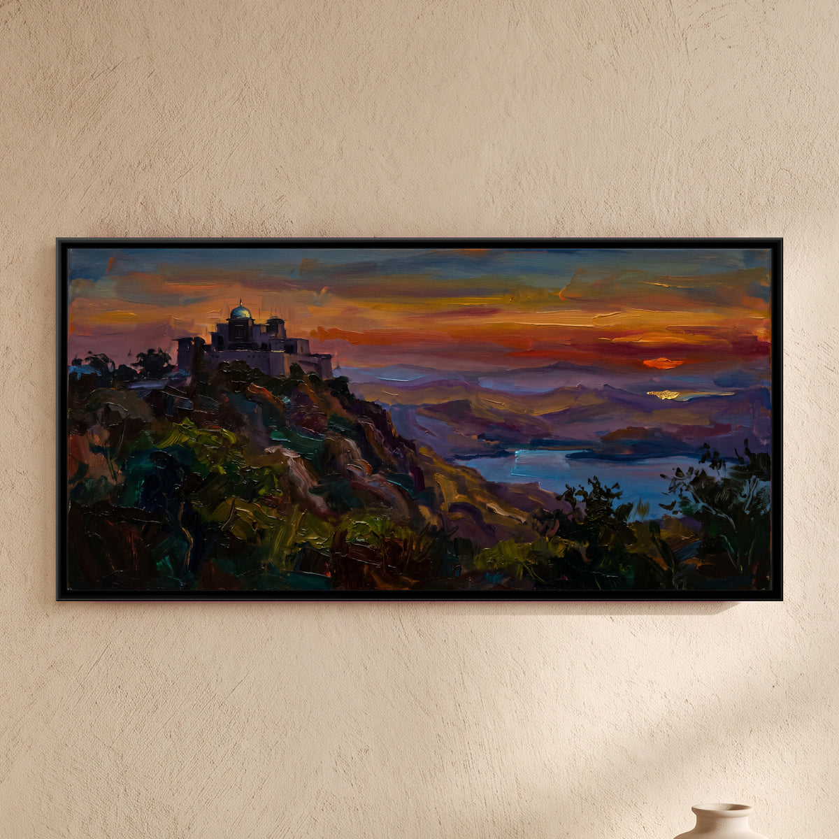 Monsoon Palace above the Aravalli, framed canvas print on a wall