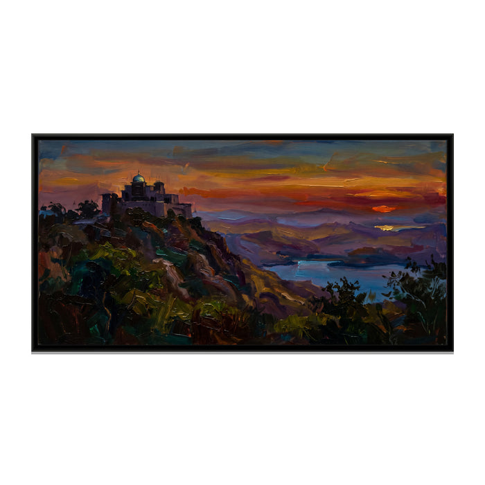 Monsoon Palace above the Aravalli, canvas print in a floater frame on a plain white background