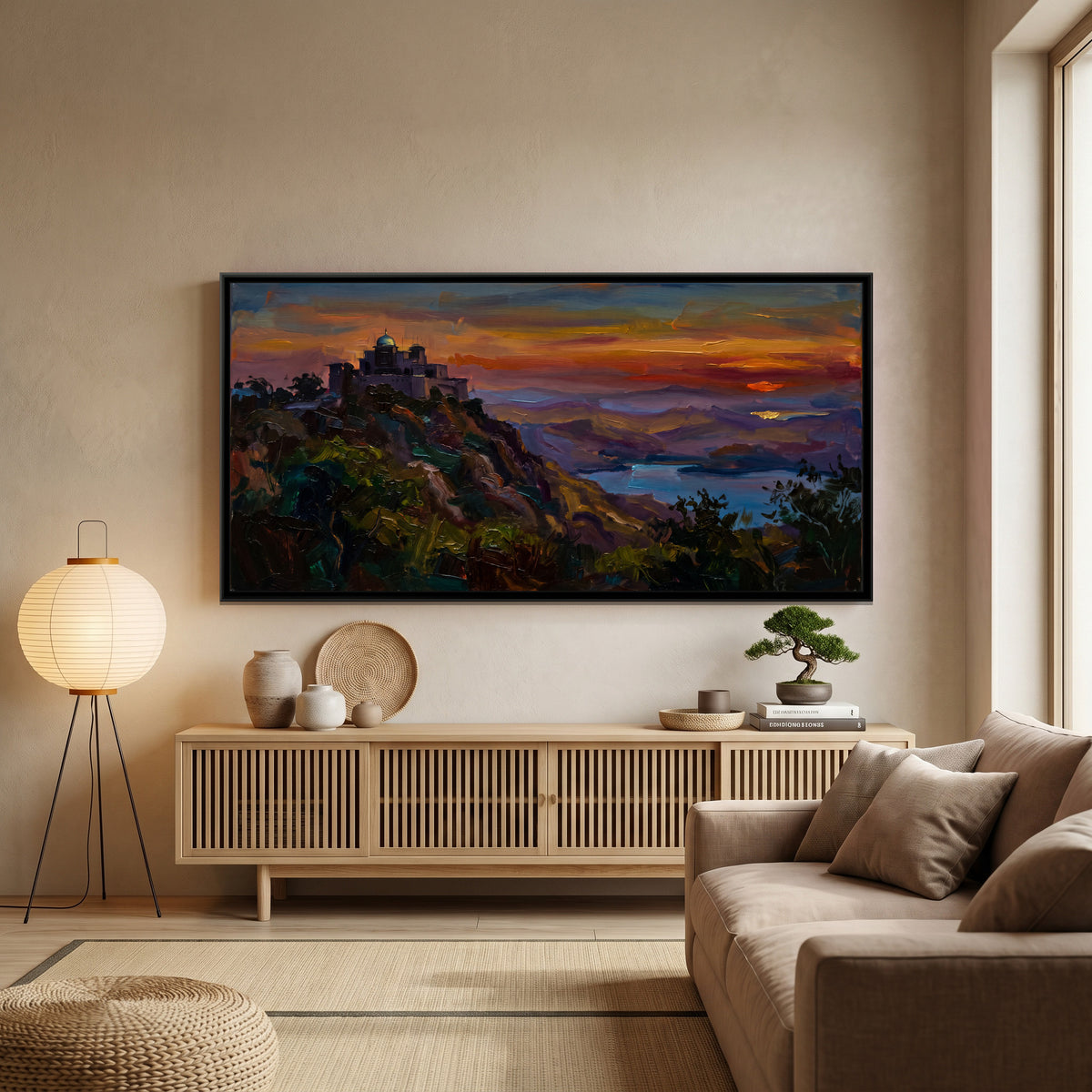 Monsoon Palace above the Aravalli, canvas print shown in a second room