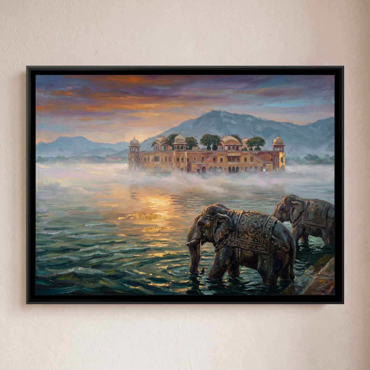 Jag Mandir in the Morning Haze, framed canvas print on a wall