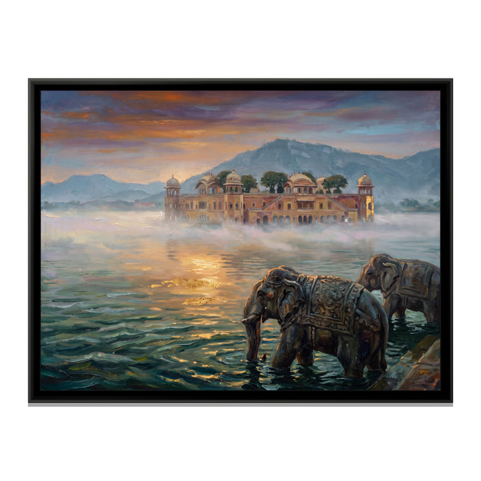 Jag Mandir in the Morning Haze, canvas print in a floater frame on a plain white background