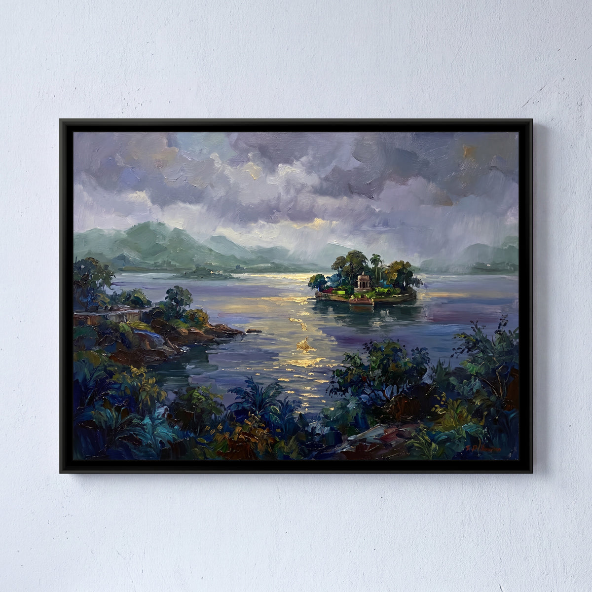 Fateh Sagar in the Monsoon, framed canvas print on a wall