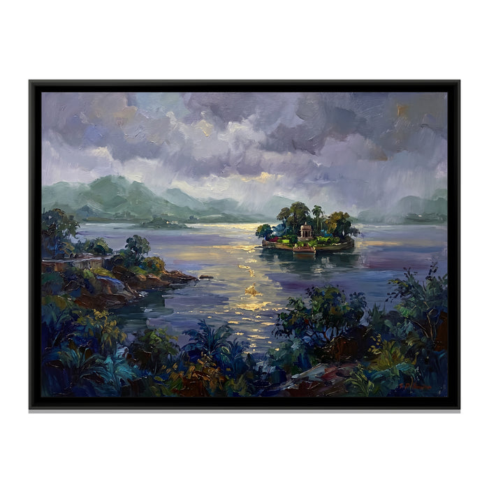 Fateh Sagar in the Monsoon, canvas print in a floater frame on a plain white background