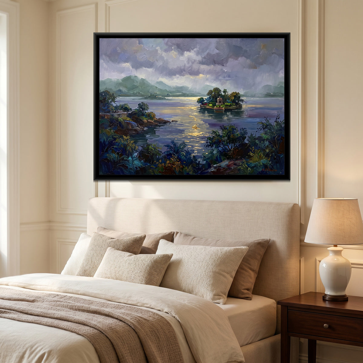 Fateh Sagar in the Monsoon, canvas print shown in a room