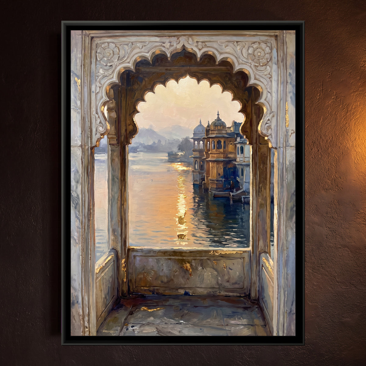Jharokha over Lake Pichola, framed canvas print on a wall