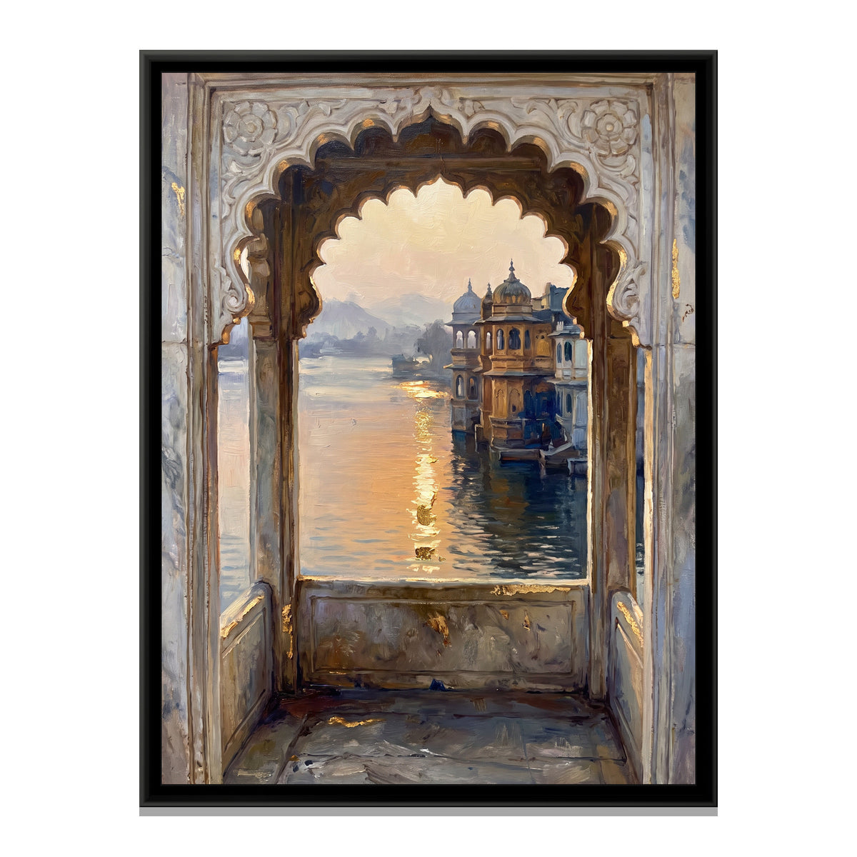 Jharokha over Lake Pichola, canvas print in a floater frame on a plain white background