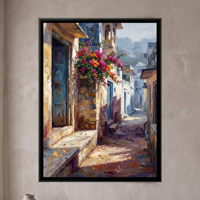 Old City Lane with Blue Doors, canvas in a room