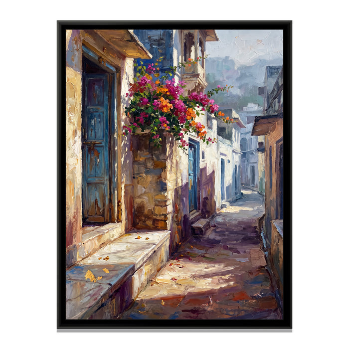 Old City Lane with Blue Doors, canvas print in a floater frame on a plain white background