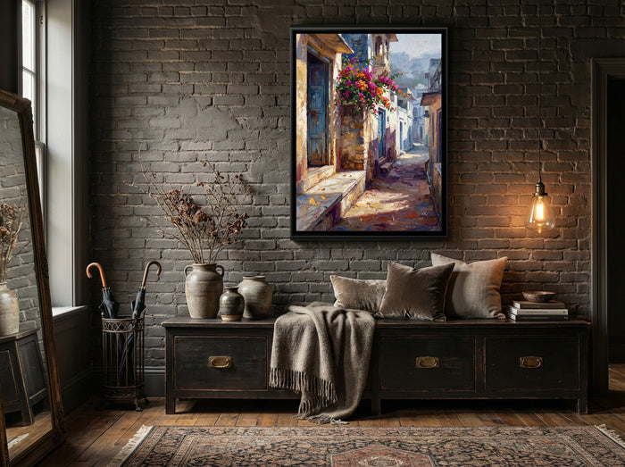 Old City Lane with Blue Doors, canvas print shown in a room