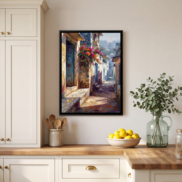 Old City Lane with Blue Doors, canvas in a room