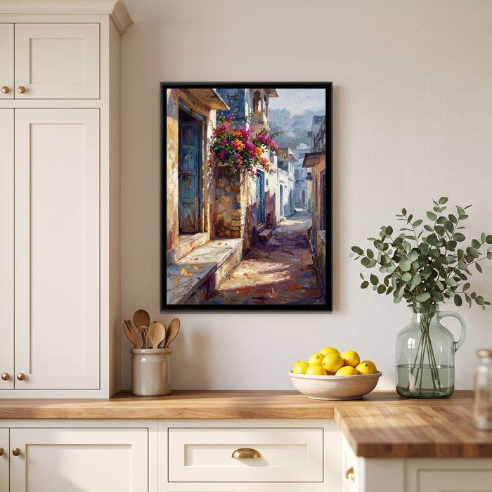 Old City Lane with Blue Doors, canvas in a room