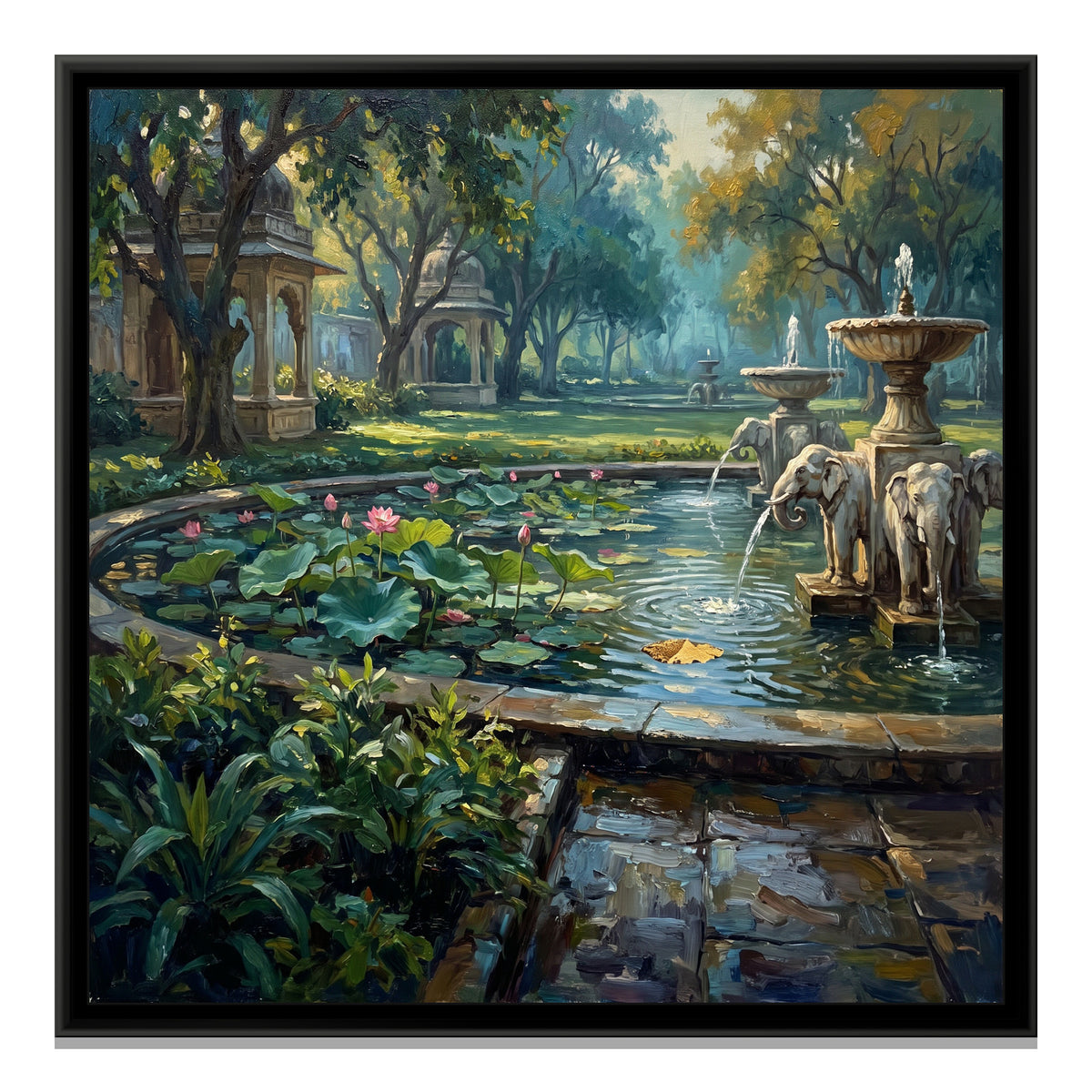 Lotus Pool at Saheliyon ki Bari, canvas print in a floater frame on a plain white background