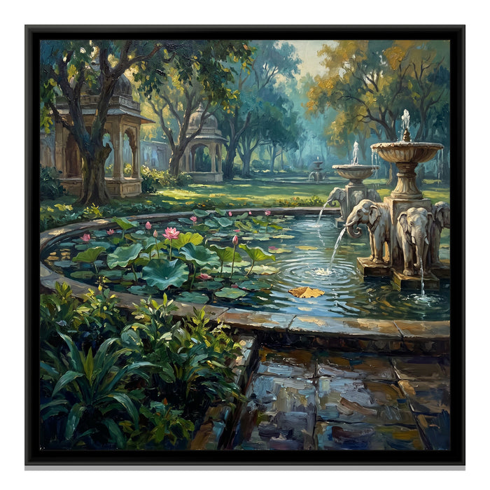 Lotus Pool at Saheliyon ki Bari, canvas print in a floater frame on a plain white background