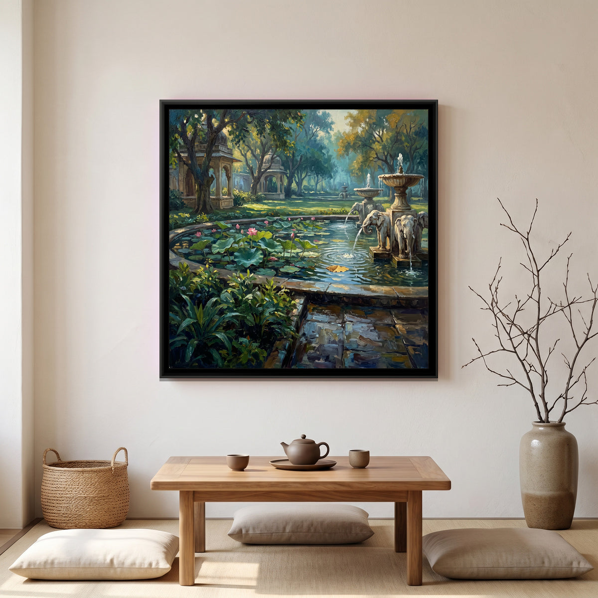 Lotus Pool at Saheliyon ki Bari, canvas print shown in a room