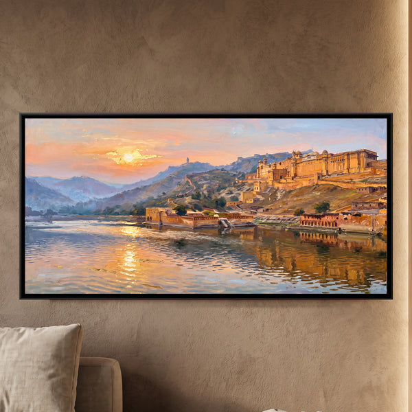 Amber Fort and Maota Lake at Sunrise, canvas in a room
