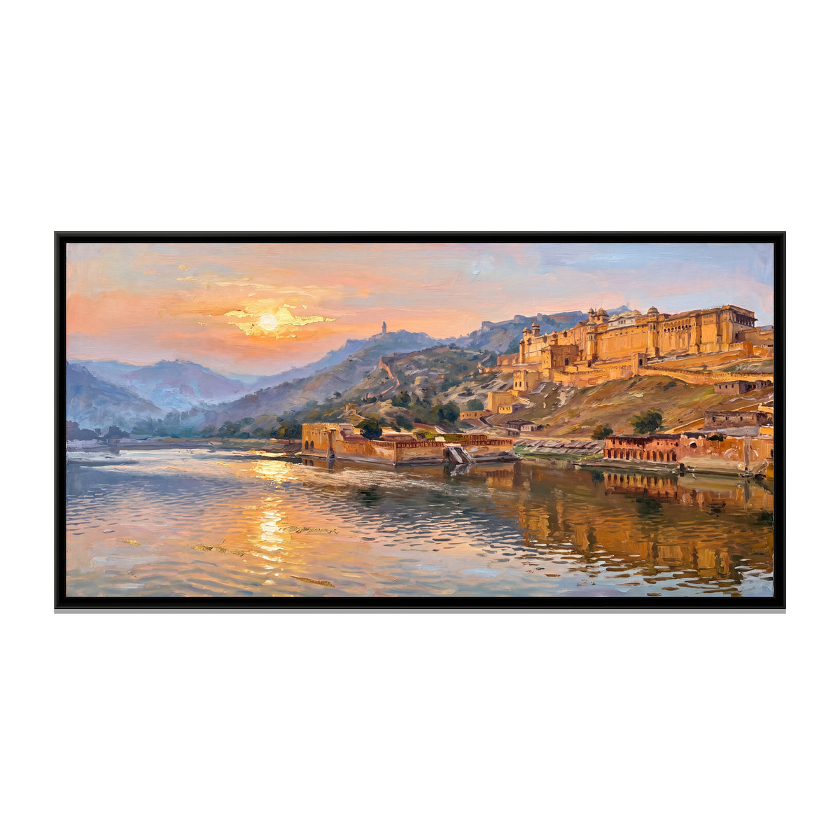 Amber Fort and Maota Lake at Sunrise, canvas print in a floater frame on a plain white background