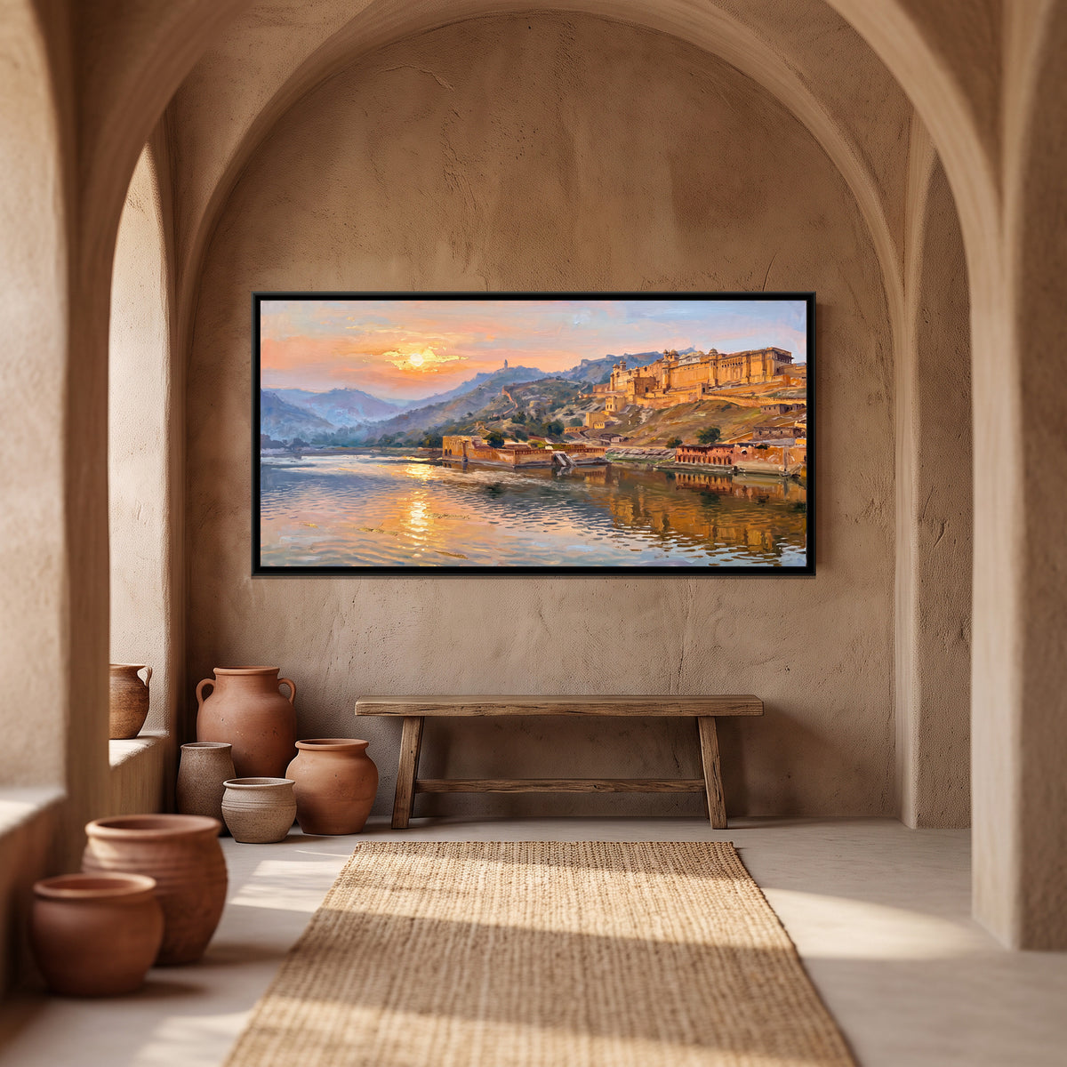 Amber Fort and Maota Lake at Sunrise, canvas print shown in a second room