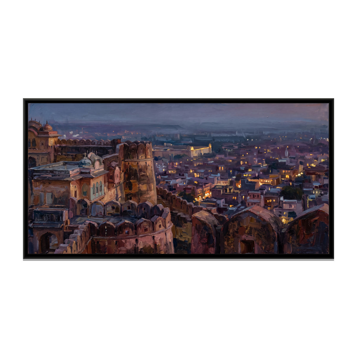 Pink City from Nahargarh at Dusk, canvas print in a floater frame on a plain white background