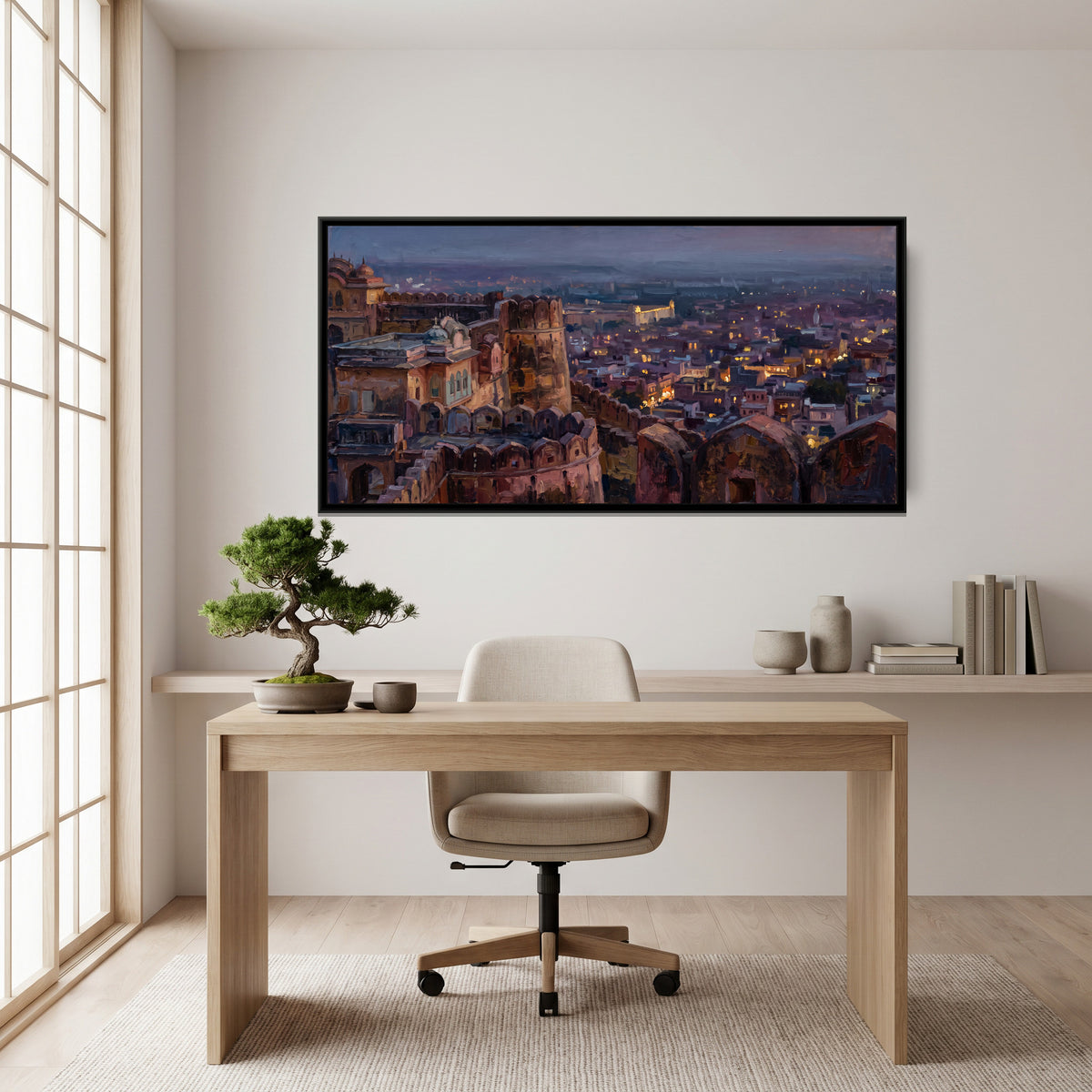 Pink City from Nahargarh at Dusk, canvas print shown in a second room