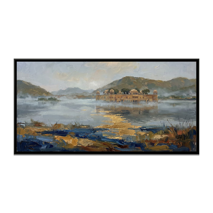 Jal Mahal in Winter Mist, canvas print in a floater frame on a plain white background