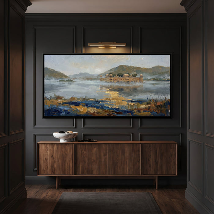 Jal Mahal in Winter Mist, canvas print shown in a room