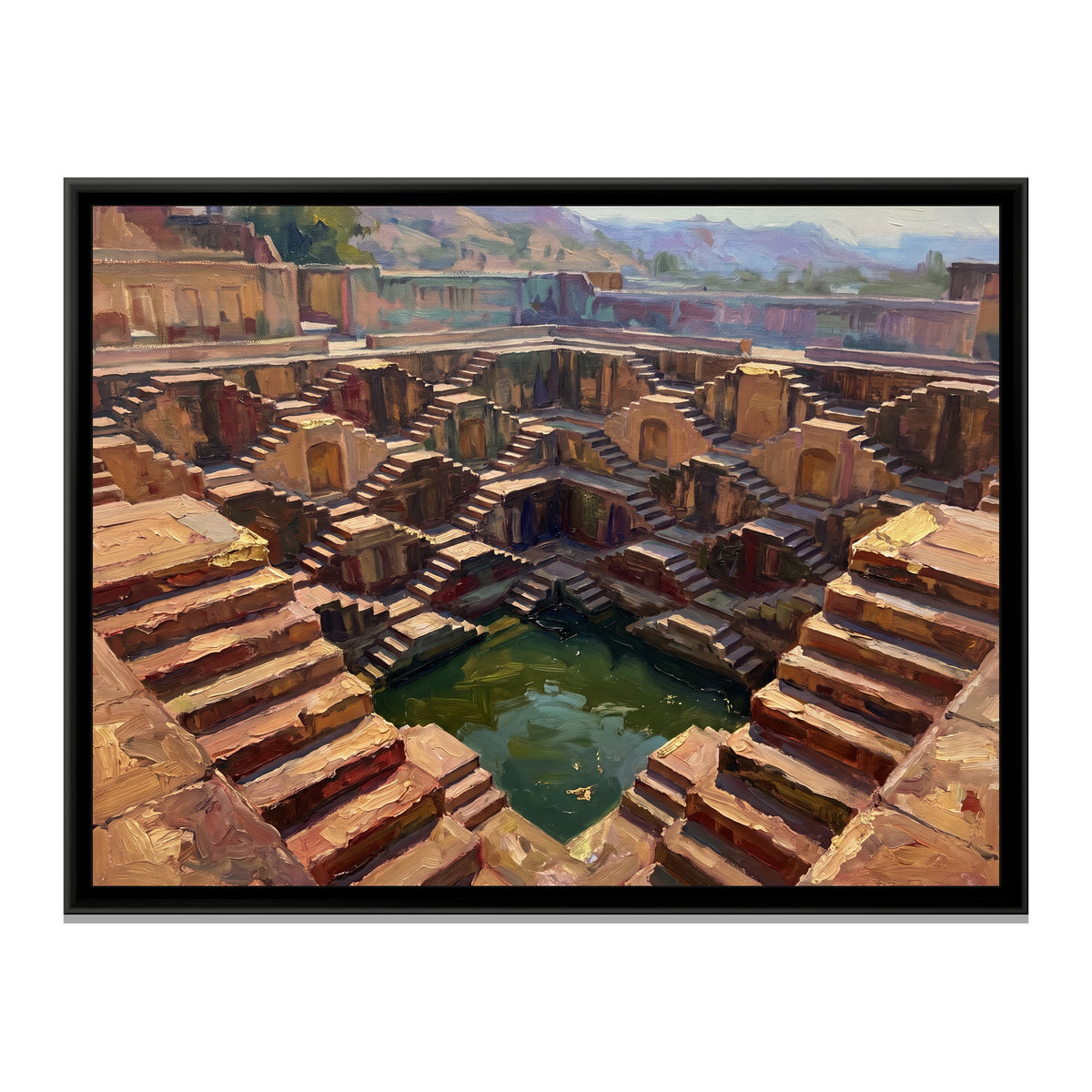 Panna Meena Stepwell at Noon, canvas print in a floater frame on a plain white background