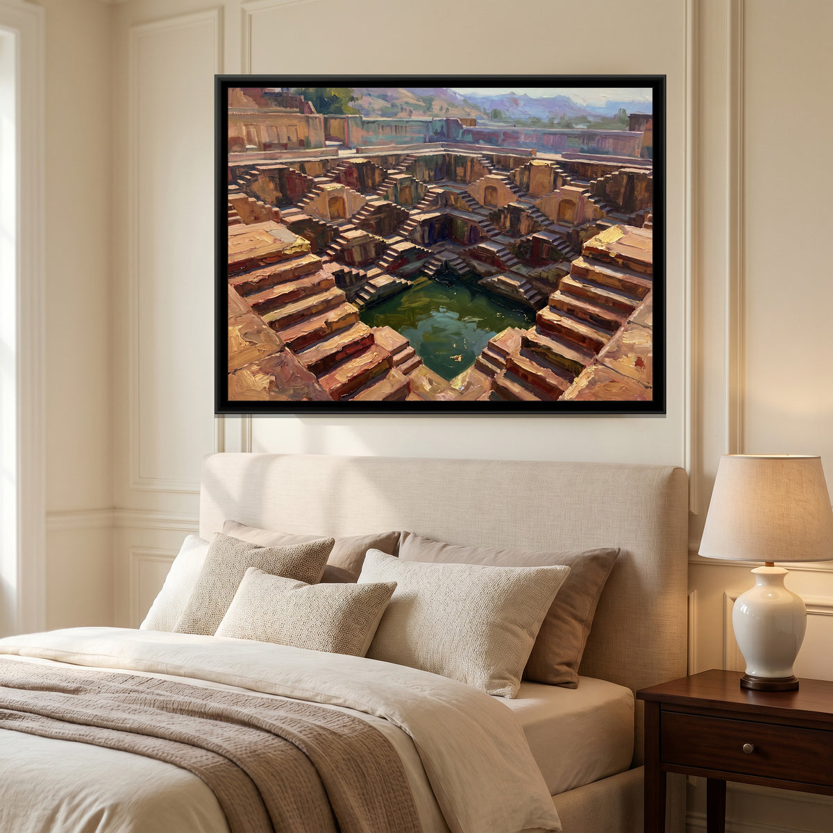 Panna Meena Stepwell at Noon, canvas print shown in a second room
