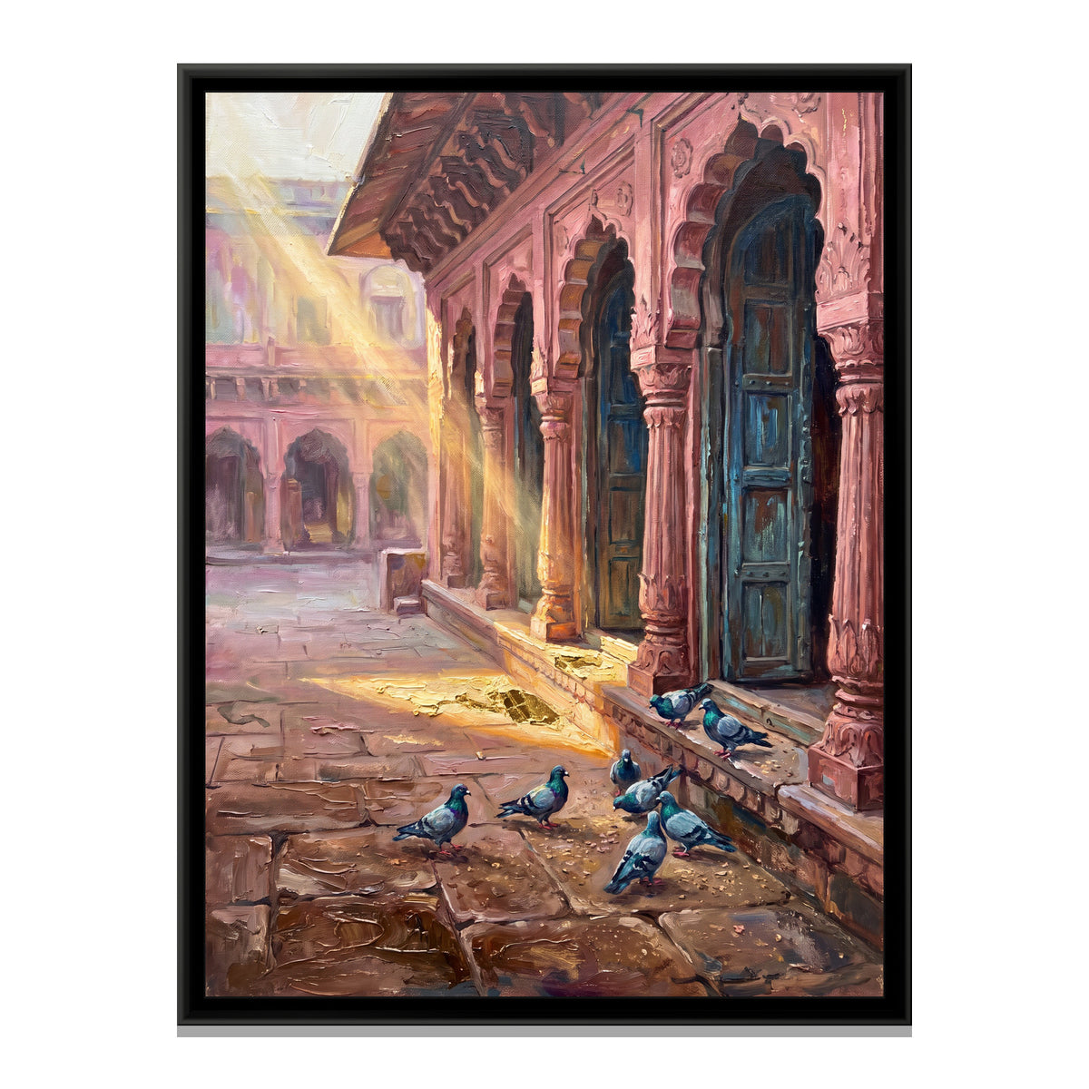 Pink Sandstone Arcade in the Old Bazaar, canvas print in a floater frame on a plain white background
