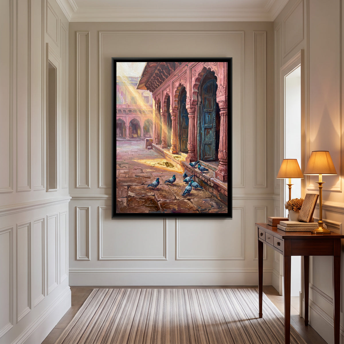 Pink Sandstone Arcade in the Old Bazaar, canvas print shown in a second room