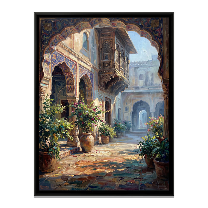Courtyard of a Jaipur Haveli, canvas print in a floater frame on a plain white background