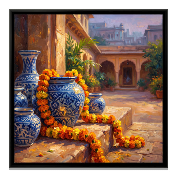 Blue Pottery and Marigolds on a Step, canvas print in a floater frame on a plain white background