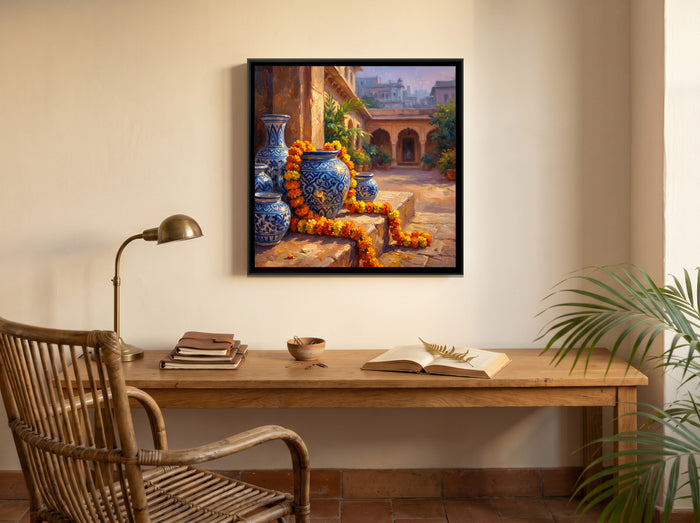 Blue Pottery and Marigolds on a Step, canvas print shown in a room