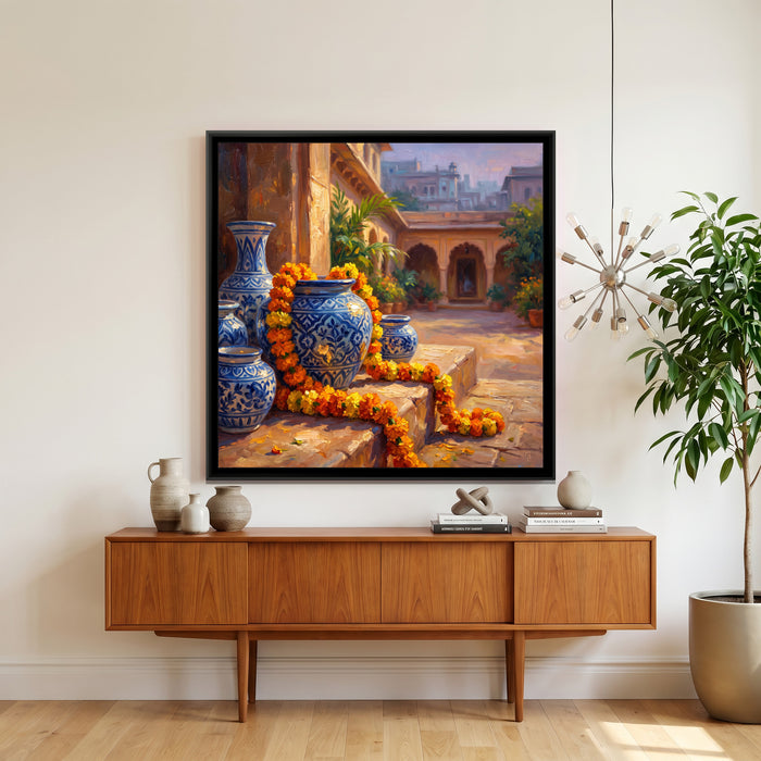 Blue Pottery and Marigolds on a Step, canvas print shown in a second room