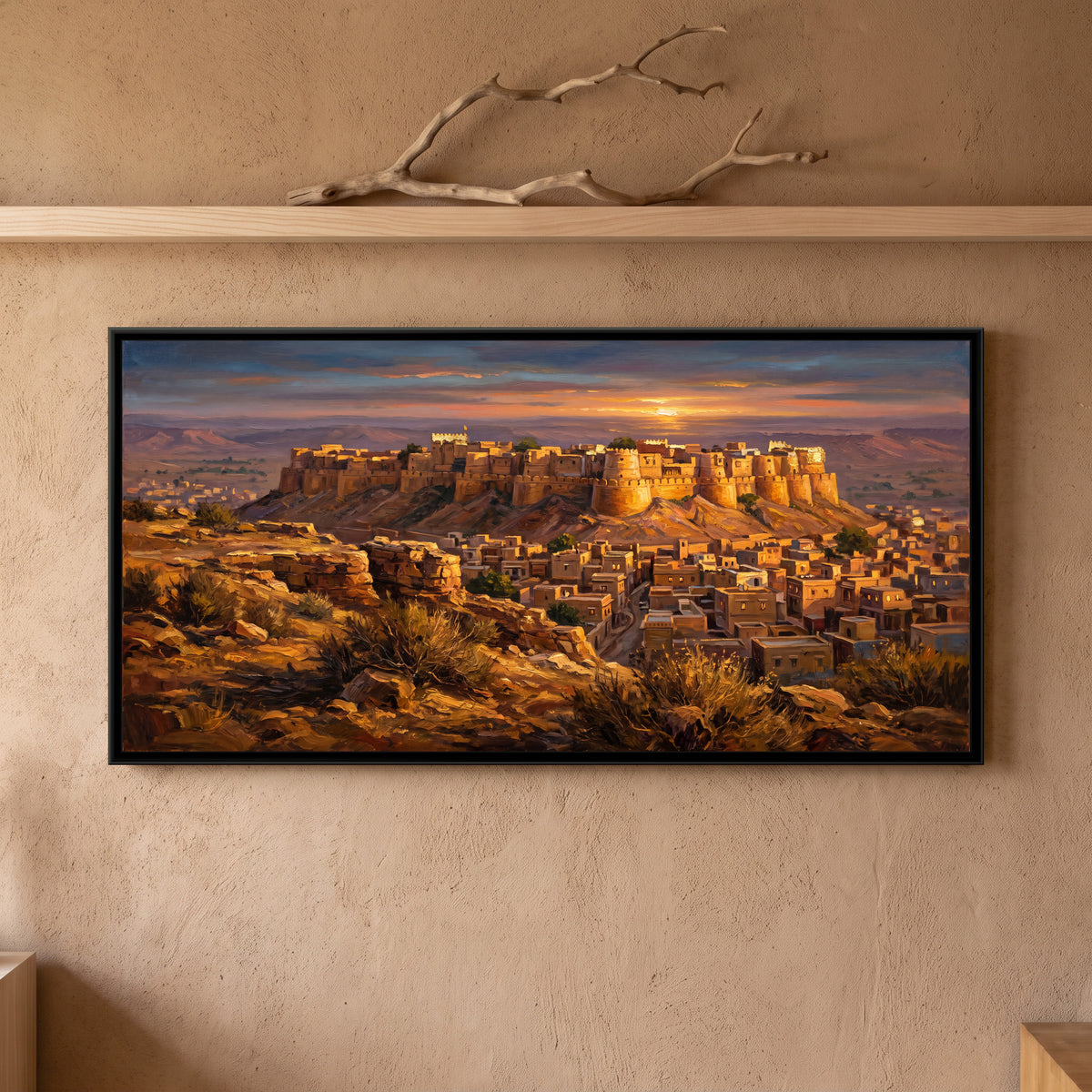 Golden Fort at Sunset, framed canvas print on a wall