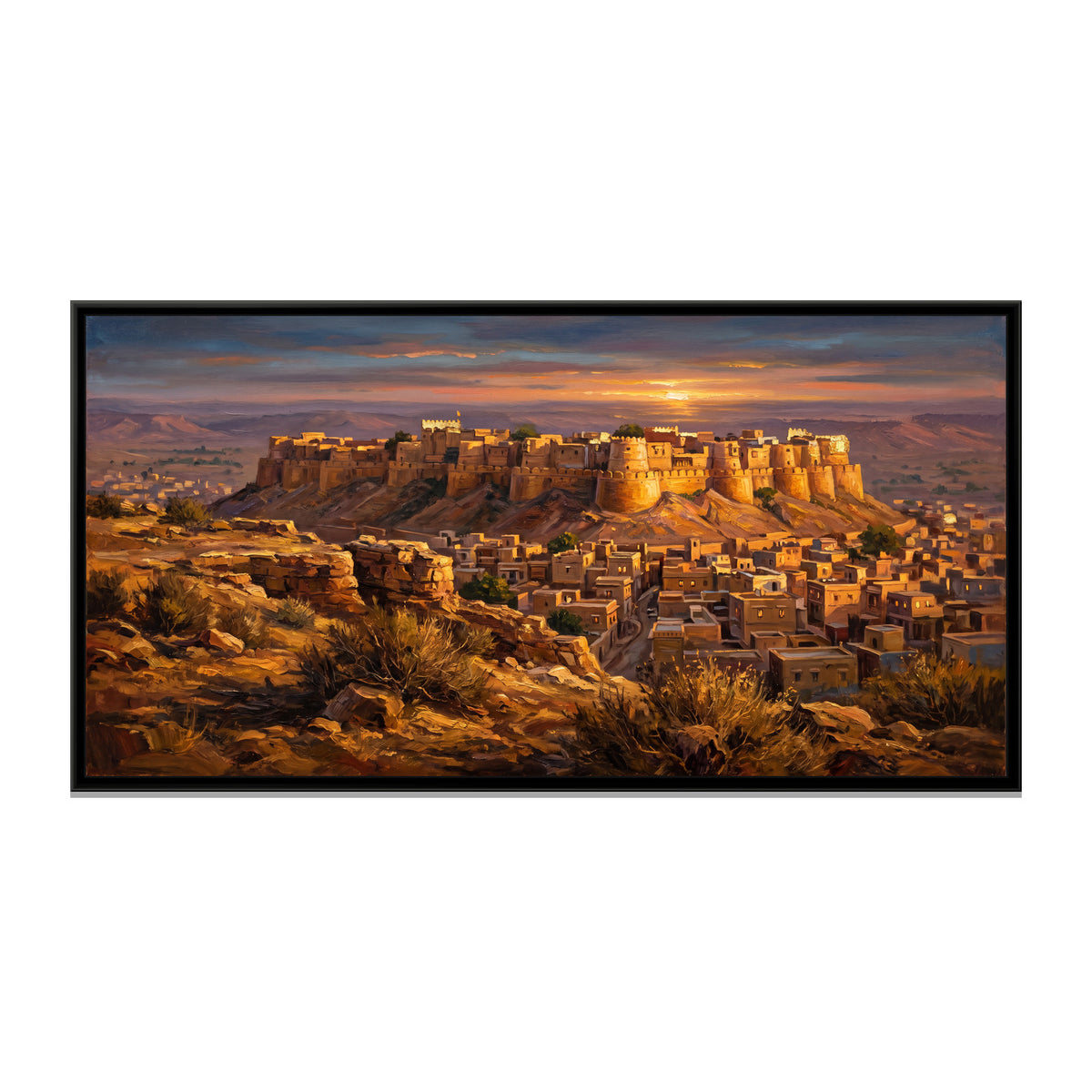 Golden Fort at Sunset, canvas print in a floater frame on a plain white background
