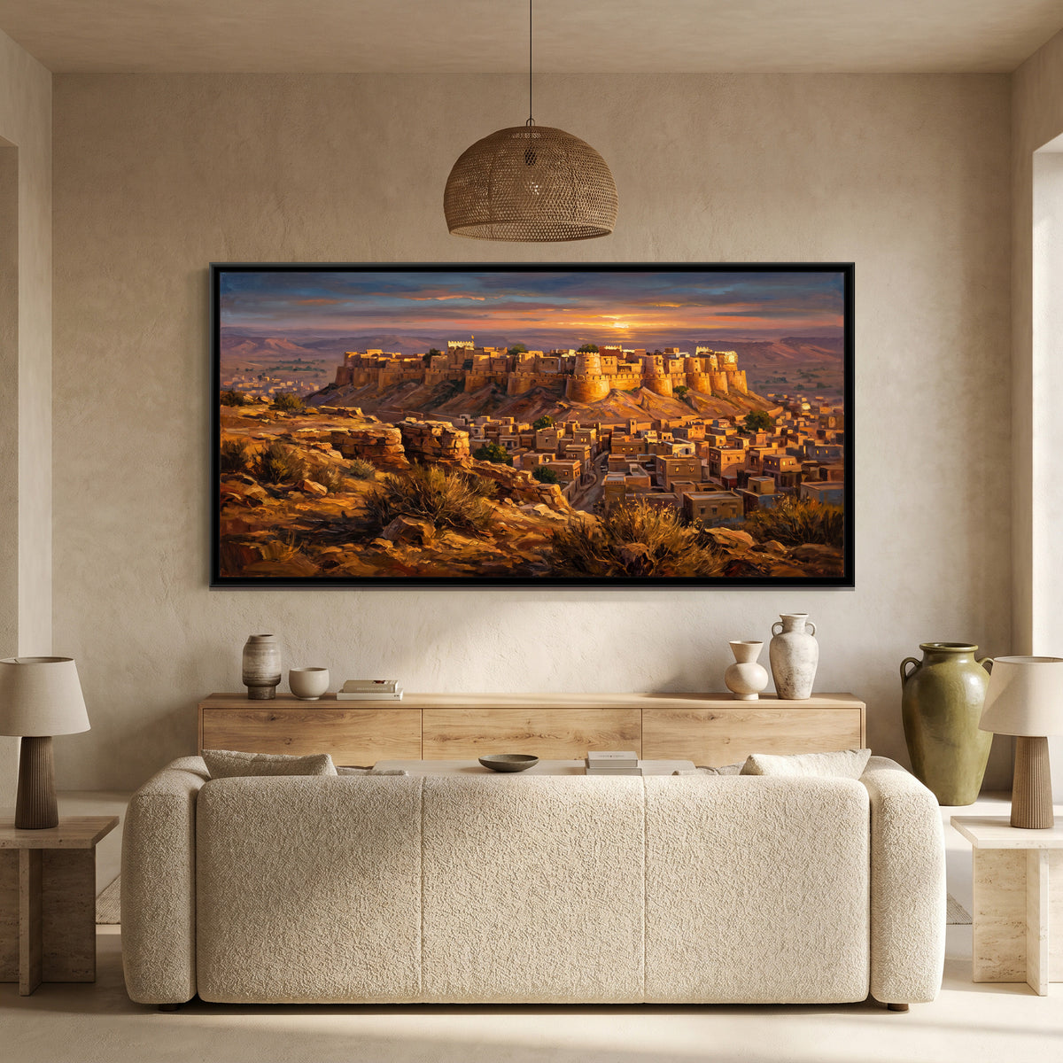 Golden Fort at Sunset, canvas print shown in a second room