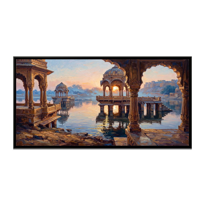 Gadisar Lake at Dawn, canvas print in a floater frame on a plain white background