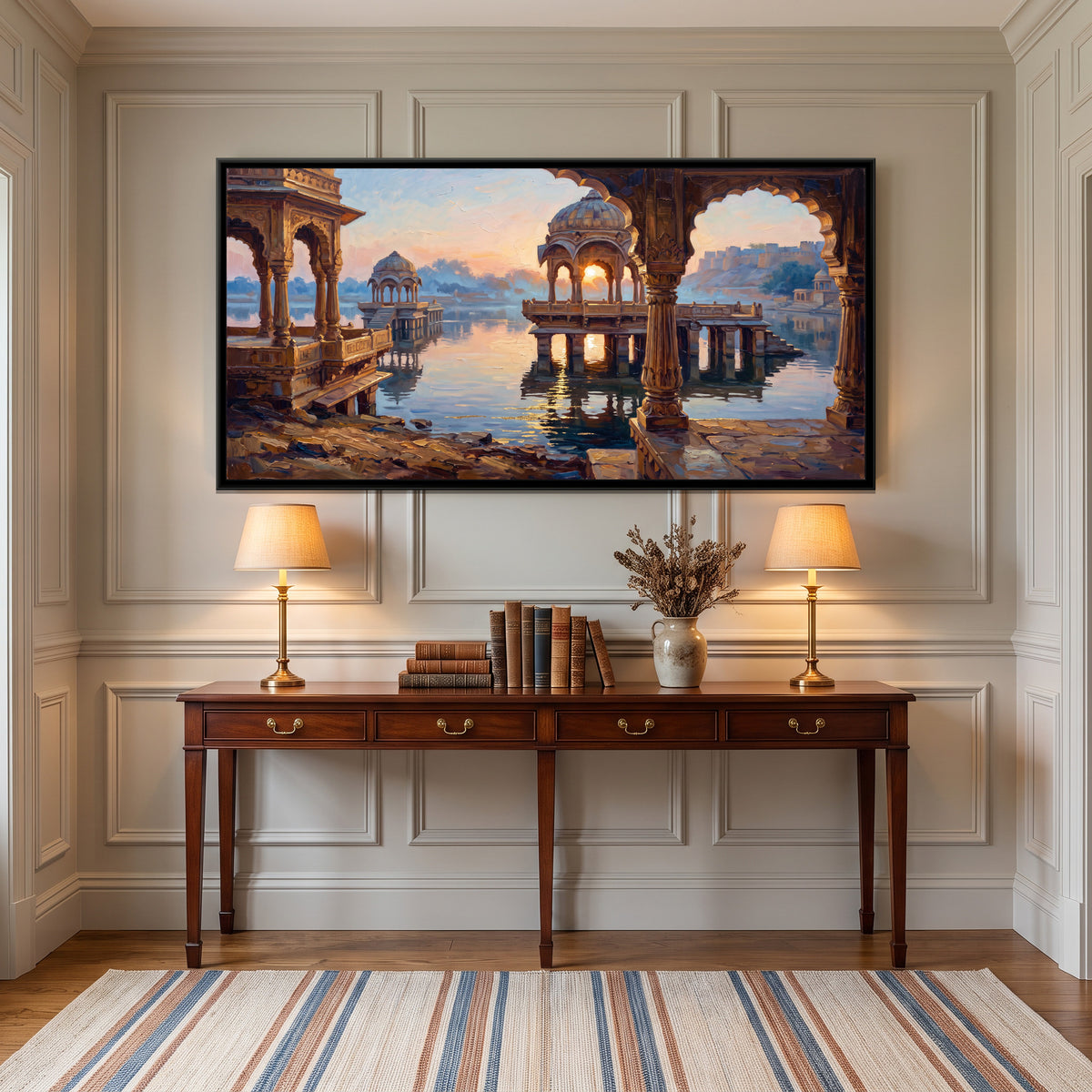 Gadisar Lake at Dawn, canvas print shown in a second room
