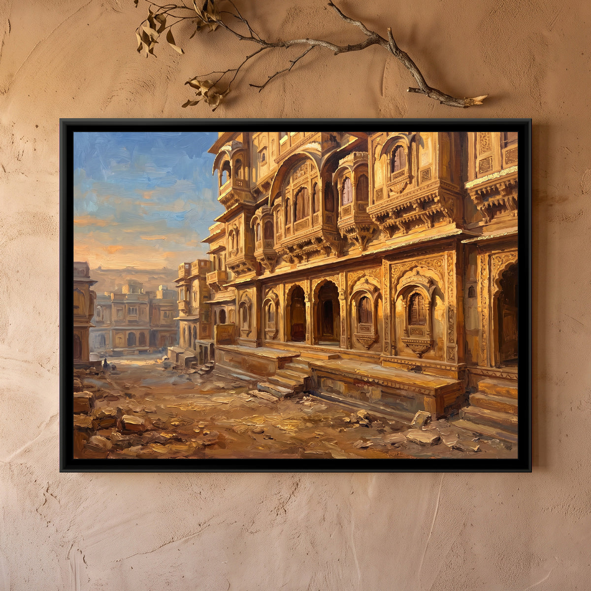 Haveli Facade in Golden Light, framed canvas print on a wall