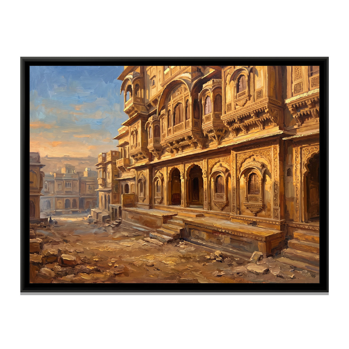 Haveli Facade in Golden Light, canvas print in a floater frame on a plain white background