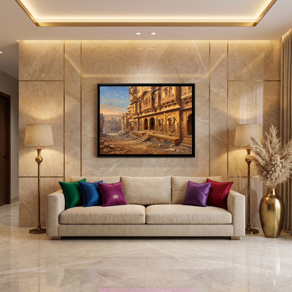 Haveli Facade in Golden Light, canvas print shown in a room