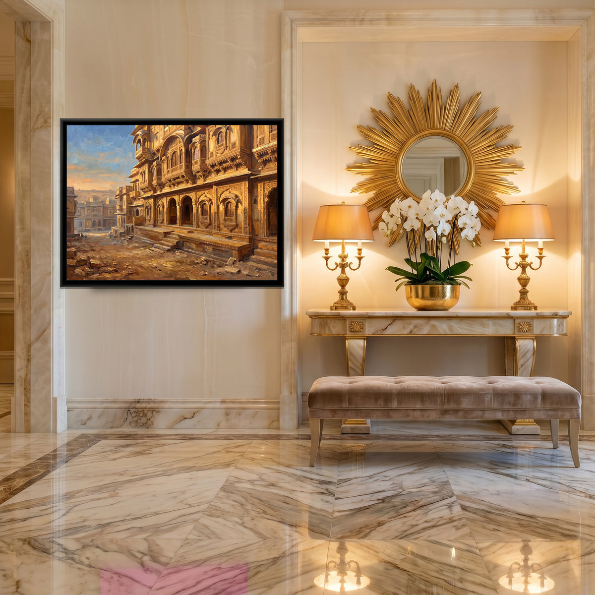 Haveli Facade in Golden Light, canvas print shown in a second room