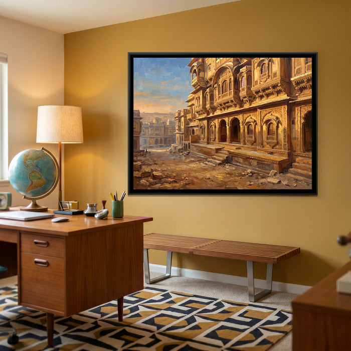 Haveli Facade in Golden Light, canvas print shown in a second room