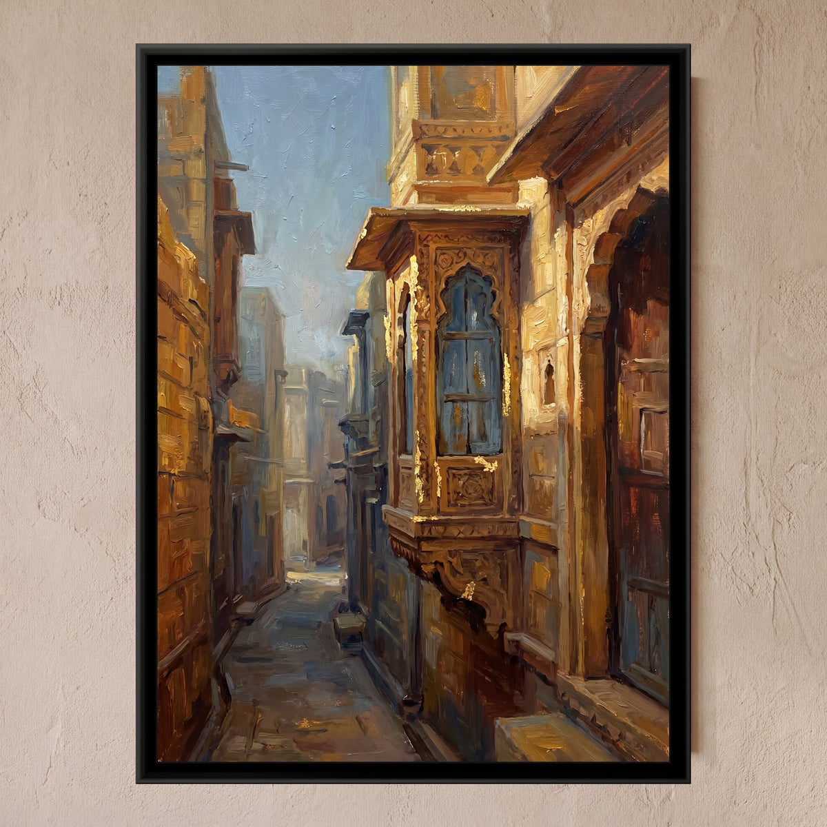 Carved Window in the Fort Lanes, framed canvas print on a wall