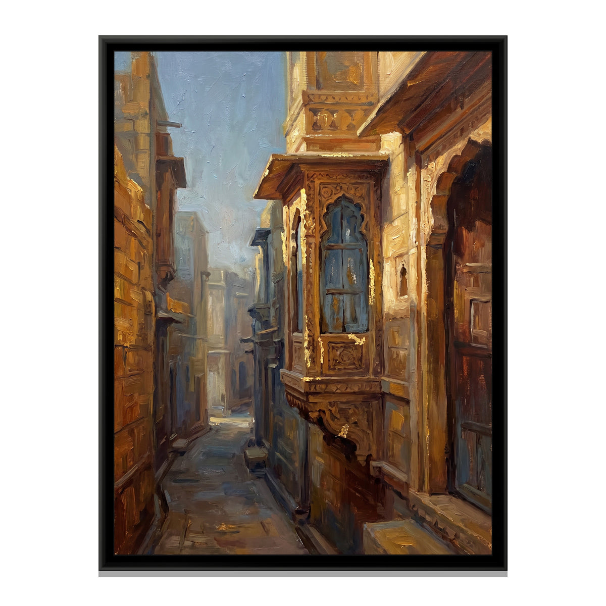 Carved Window in the Fort Lanes, canvas print in a floater frame on a plain white background