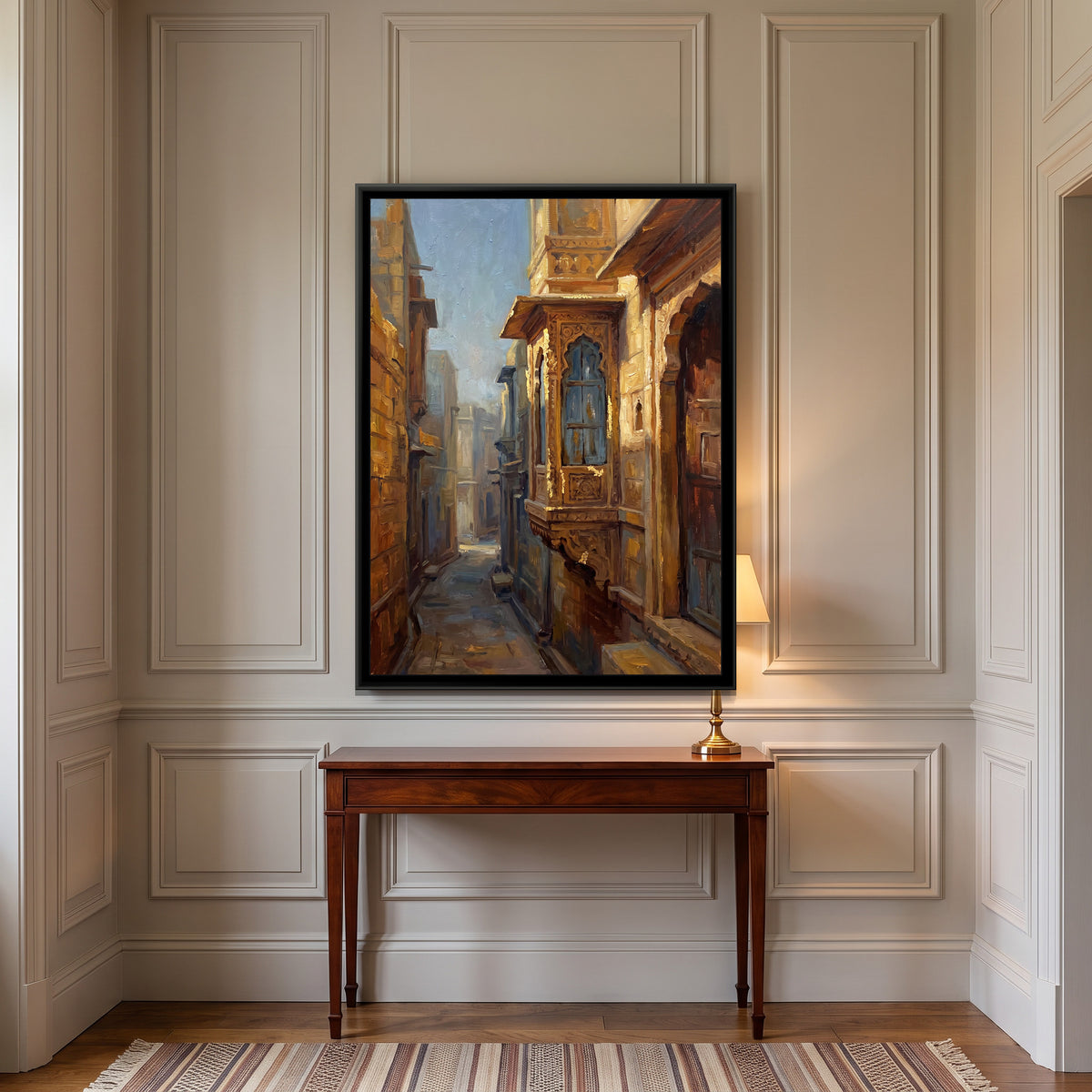 Carved Window in the Fort Lanes, canvas print shown in a second room